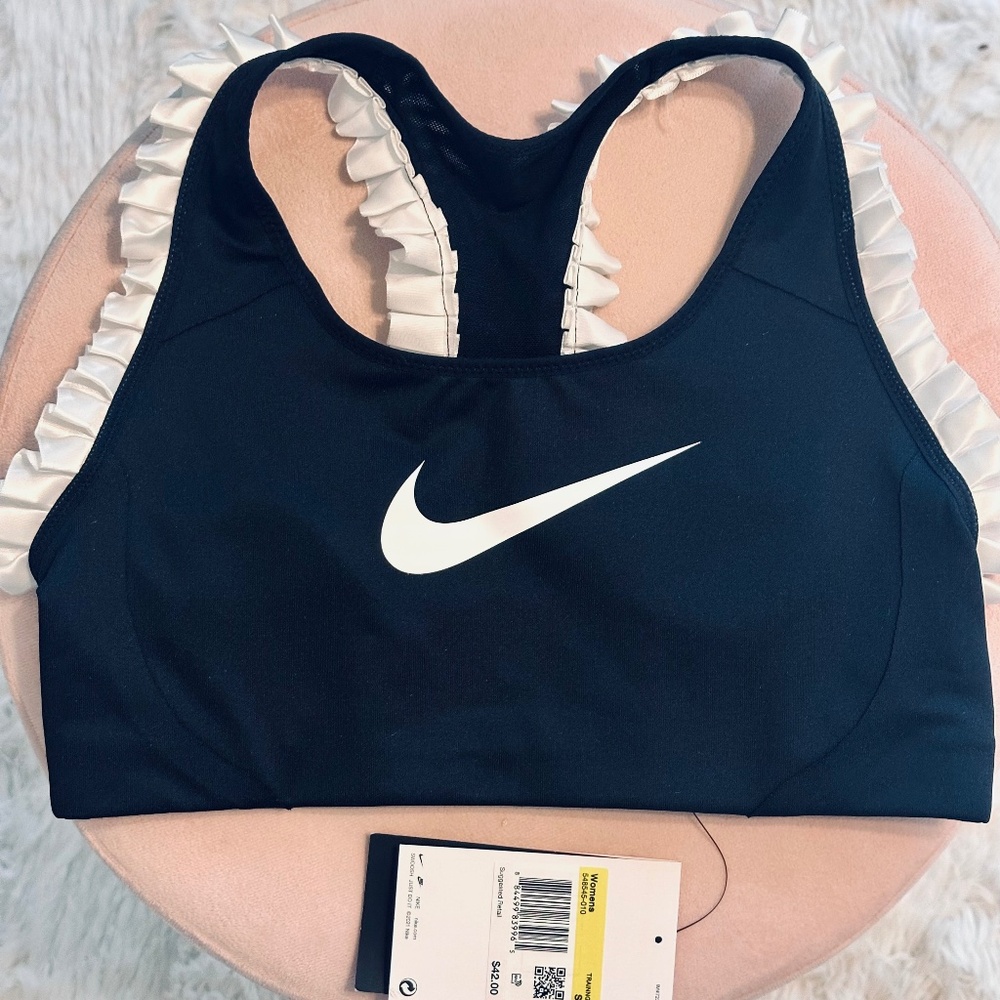 NWT! Embellished Women's Nike Support Sports Bra. Black with white ruffles.